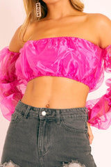 Fuchsia Organza Bardot Puff Sleeves Crop Top - Teresa