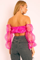 Fuchsia Organza Bardot Puff Sleeves Crop Top - Teresa
