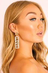 Gold Pearl Detail Love Slogan Earrings - Carmilla