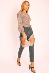 Pink Leopard Print Plunge Button Blouse - Polly