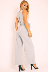 Grey Ribbed Zip Back Belted Jumpsuit - Indiya