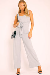 Grey Ribbed Zip Back Belted Jumpsuit - Indiya