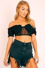 Black Polka Mesh Milkmaid Crop Top - Rosa