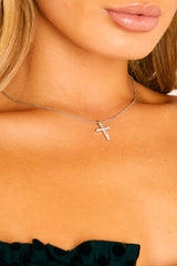 Silver Diamante Cross Necklace - Jouri