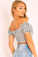White Polka Mesh Milkmaid Crop Top - Rosa