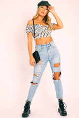 White Polka Mesh Milkmaid Crop Top - Rosa