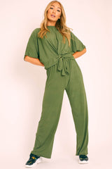 Khaki Plisse Wide Leg Trouser and Top Co-ord - Hellen