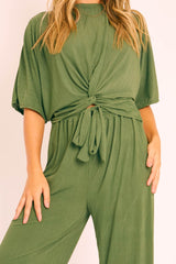 Khaki Plisse Wide Leg Trouser and Top Co-ord - Hellen