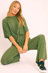 Khaki Plisse Wide Leg Trouser and Top Co-ord - Hellen