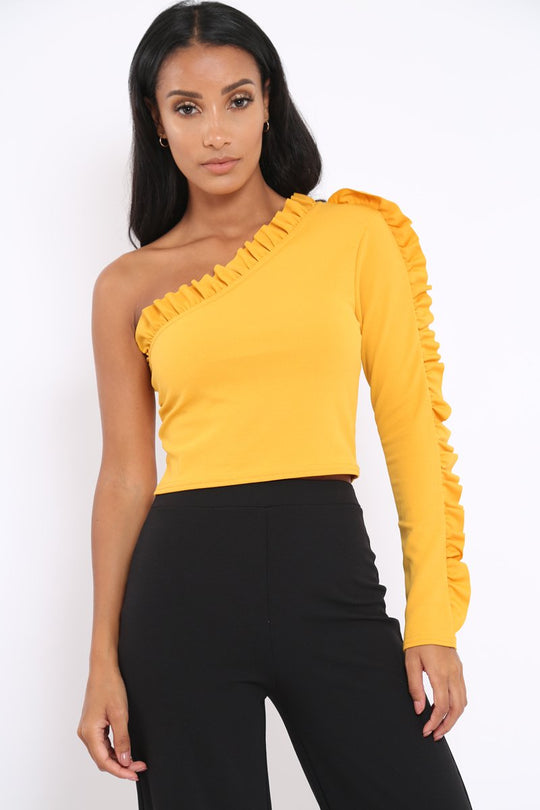 Mustard One Shoulder Ruffle Crop Top - Bethanie