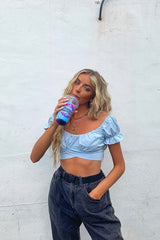 Blue Milkmaid Bow Tie Back Detail Crop Top - Smith