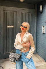 Gold Satin Corset Detail Plunge Blouse - Myha