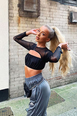 Black Mesh Sleeve Cut Out Tie Back Crop Top - Layna