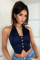 Navy Halterneck Plunge Waistcoat Top - Hazley