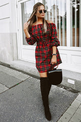 Red Tartan Belted Bardot Dress - Deondra