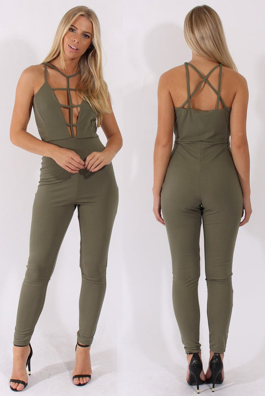 Khaki Front Harness Fitted Jumpsuit - Bette