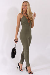 Khaki Front Harness Fitted Jumpsuit - Bette