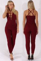Wine Front Harness Fitted Jumpsuit - Bette