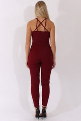 Wine Front Harness Fitted Jumpsuit - Bette