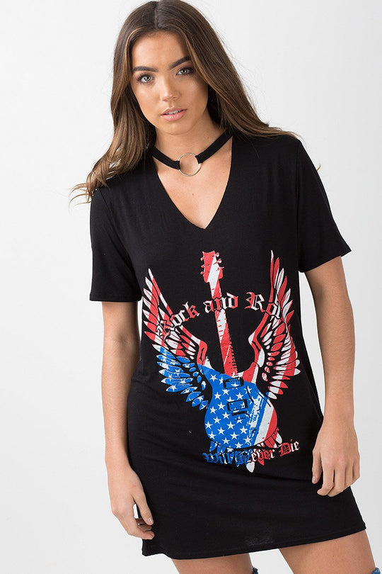 Black Ring Choker 'Rock & Roll' T-Shirt Dress - Betty