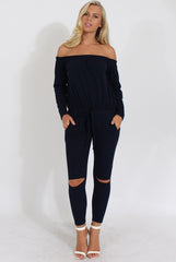 Navy Bardot Ripped Knee Jumpsuit - Betty