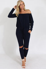 Navy Bardot Ripped Knee Jumpsuit - Betty