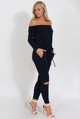 Navy Bardot Ripped Knee Jumpsuit - Betty