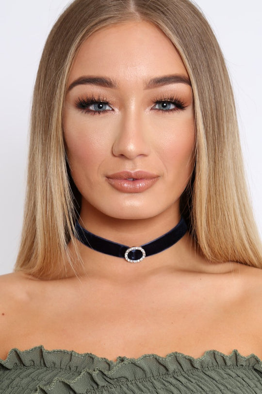 Navy Velvet Diamante Ring Choker -Betty