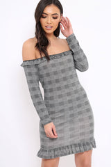 Hounds-Tooth Frill Bardot Dress - Beverly