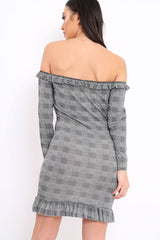 Hounds-Tooth Frill Bardot Dress - Beverly