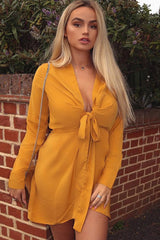Mustard Tie Front Plunge Wrap Shirt Dress - Bexlee