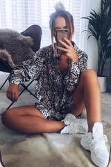 Beige Snake Print Tie Front Plunge Wrap Shirt Dress - Bexlee