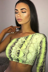 Green Snake Print One Sleeve Crop Top - Preesha