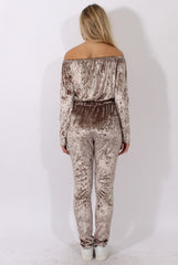 Taupe Crushed Velvet Bardot Split Knee Jumpsuit - Binky