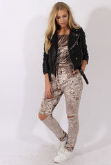 Taupe Crushed Velvet Bardot Split Knee Jumpsuit - Binky