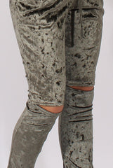 Khaki Crushed Velvet Bardot Split Knee Jumpsuit - Binky