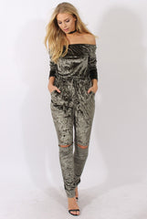 Khaki Crushed Velvet Bardot Split Knee Jumpsuit - Binky