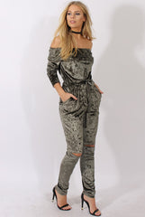 Khaki Crushed Velvet Bardot Split Knee Jumpsuit - Binky