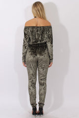 Khaki Crushed Velvet Bardot Split Knee Jumpsuit - Binky