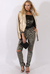 Khaki Crushed Velvet Bardot Split Knee Jumpsuit - Binky