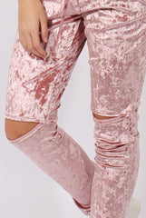 Pink Crushed Velvet Bardot Split Knee Jumpsuit - Binky