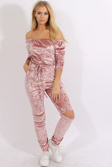 Pink Crushed Velvet Bardot Split Knee Jumpsuit - Binky