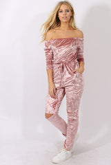 Pink Crushed Velvet Bardot Split Knee Jumpsuit - Binky