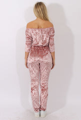 Pink Crushed Velvet Bardot Split Knee Jumpsuit - Binky