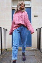 Mauve Cable Knit High Neck Oversized Jumper - Kiyla