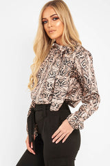 Beige Snake Print Satin Long Sleeve Bow Shirt - Abrah