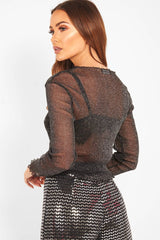 Black Glitter Mesh Long Sleeve Crop Top - Akila