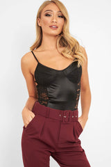 Black Satin Lace Cut Out Bodysuit - Aleiya
