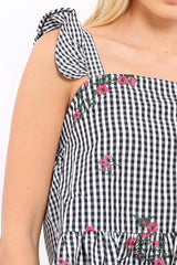 Black Gingham Floral Embroidered Frill Top - Zelida