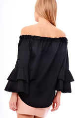 Black Bardot Frill Sleeve Top - Ruth
